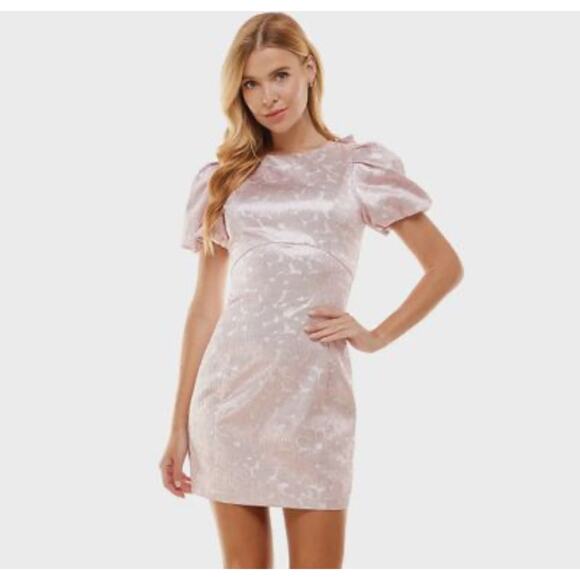 TCEC Pink Metallic Jacquard Dress Puff Sleeve Open Back Bow Size medium - Picture 2 of 8